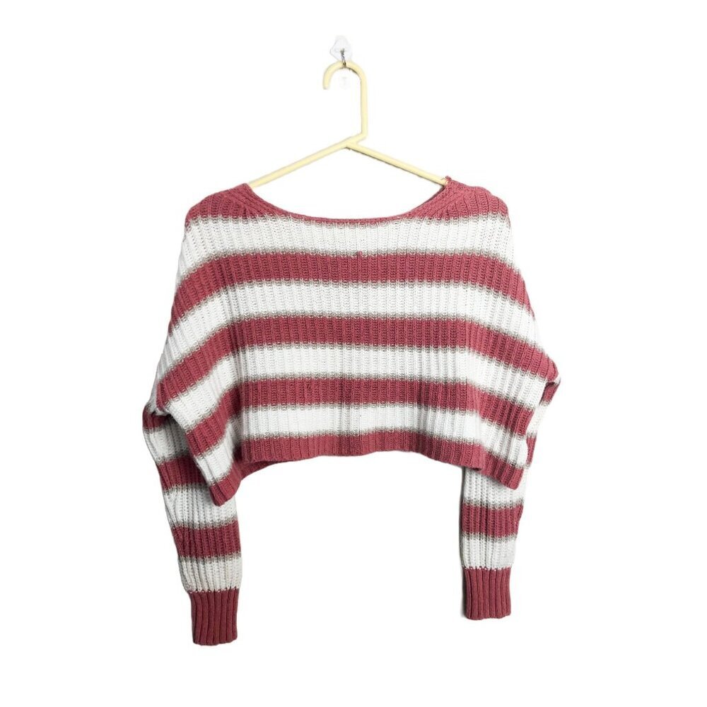 American Eagle Striped Knit Cropped Sweater Pink Cream Small Womens